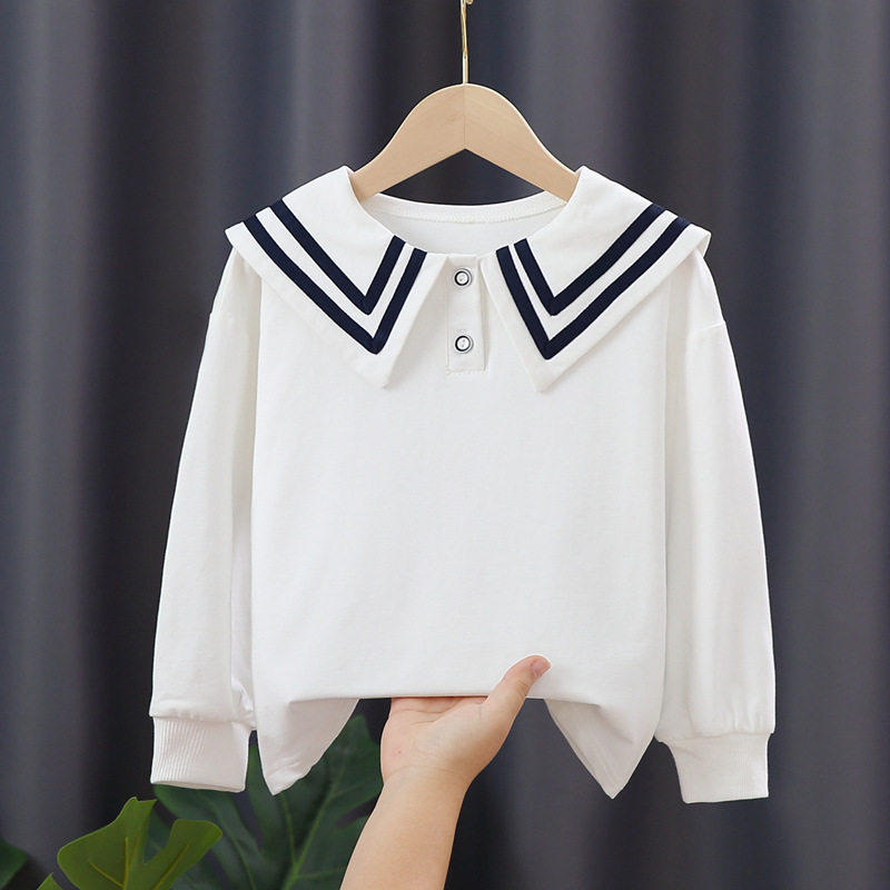 女童翻领白色长袖t恤海军风纯棉卫衣夏短袖儿童洋气大童春秋上衣