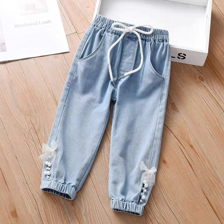 女童牛仔裤春秋款蓝色蝴蝶结女孩宽松休闲裤儿童长裤子松紧腰系带
