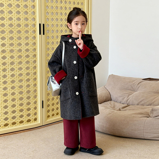 女款冬季连帽长款双面呢大衣外套2025年新款中大儿童加绒保暖衣服
