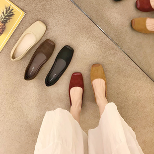 复古方头猪鼻子奶奶鞋 女2026简约百搭久站不累脚软皮软底平底单鞋