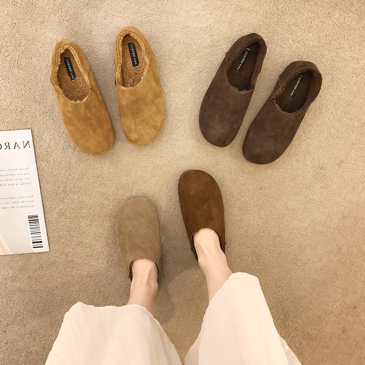 真皮丑萌鞋毛毛鞋女冬外穿勃肯鞋2026冬天加绒保暖一脚蹬懒人棉鞋