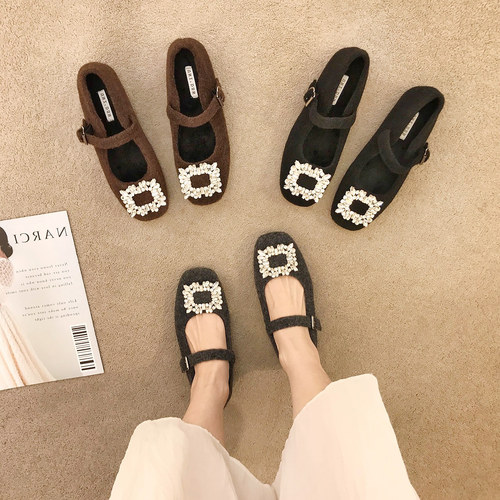 法式水钻方扣内增高加绒单鞋女2026年黑色保暖玛丽珍毛毛鞋增高鞋