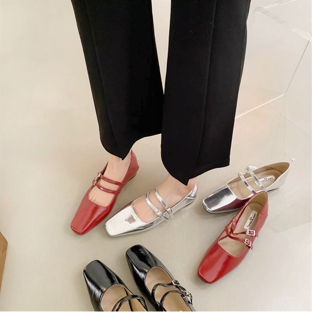 法式方头一字带玛丽珍鞋女2024春季新款红色低跟单鞋小红鞋奶奶鞋