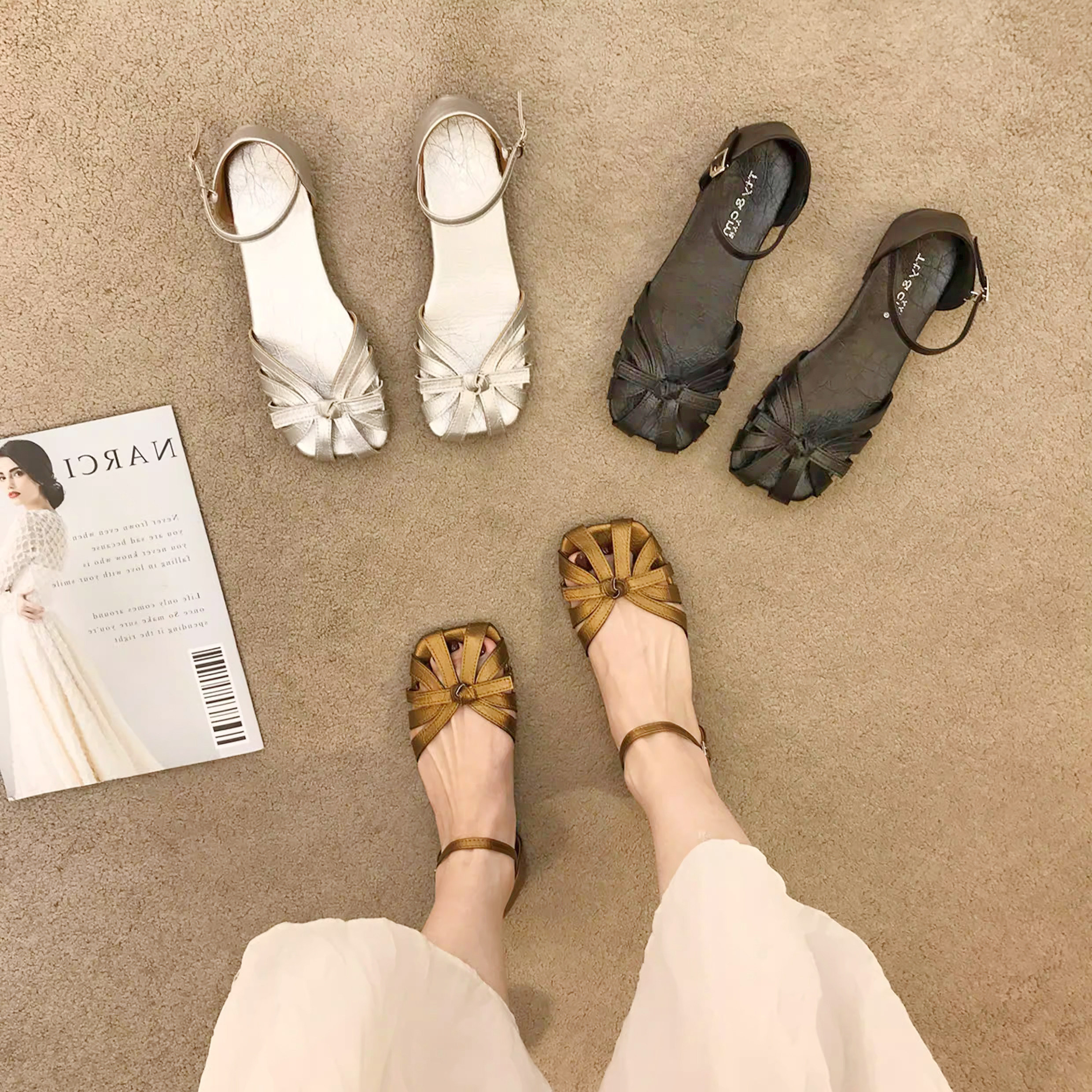银色罗马编织包头凉鞋女夏2026年复古平底包后跟温柔仙女鞋配裙子
