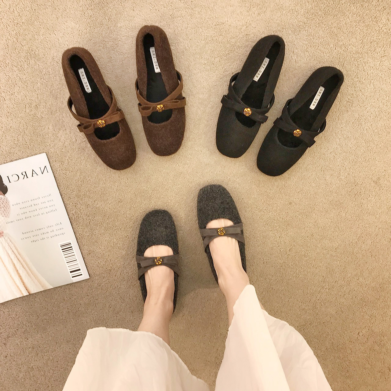 小香风高级感呢子保暖玛丽珍单鞋女2026冬天新款加绒内增高毛毛鞋