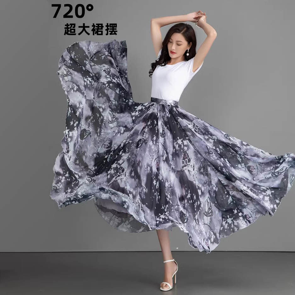 2024新款夏季雪纺半身裙薄款大摆长裙大码花色高腰垂坠感跳舞长裙