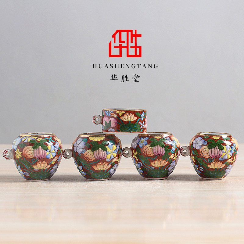 华胜堂 景德镇手绘粉彩红地万花红子罐鸟食罐小鸟杯水罐 鸟笼配件