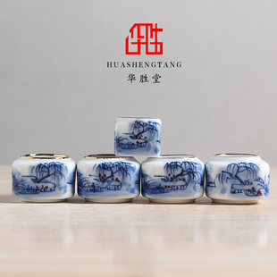 华胜堂 景德镇手绘青花描金方型山水红子罐鸟食罐小鸟杯 鸟笼配件