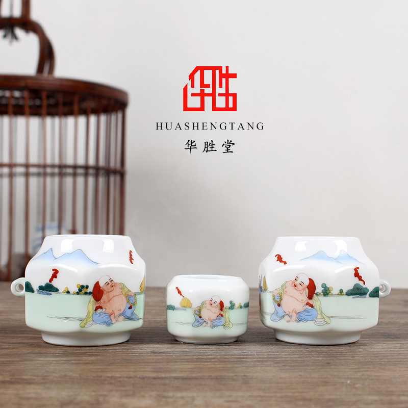 景德镇鸟食罐画眉罐新彩人物六方平底三件鸟笼配件杯鸟虫华胜堂