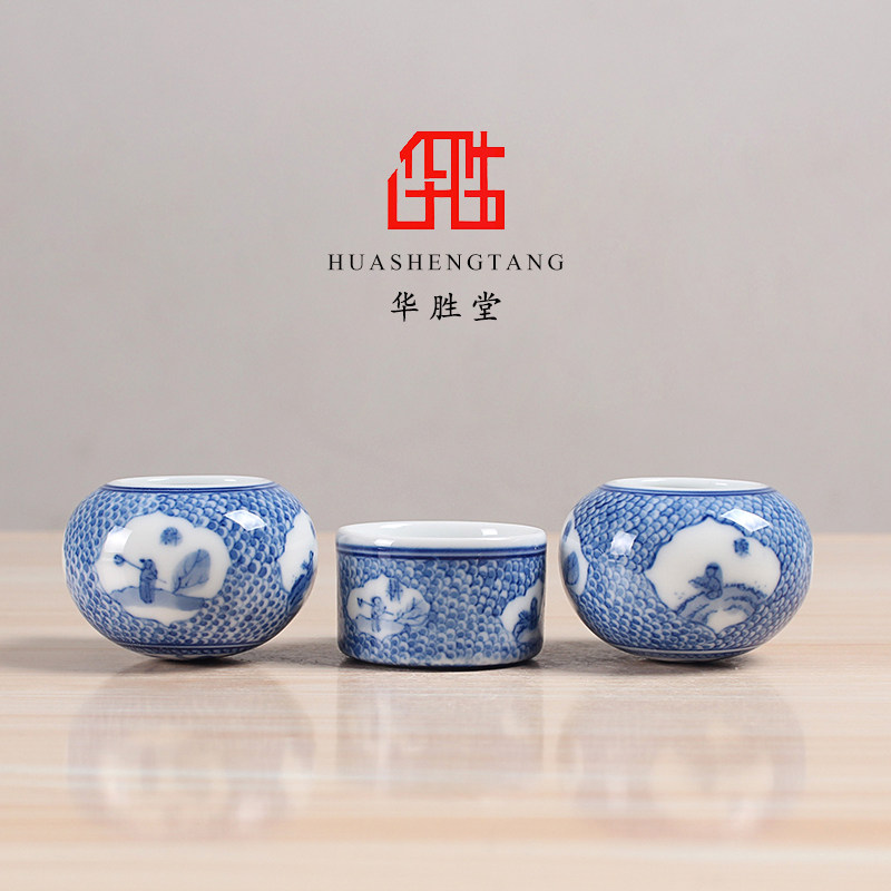 华胜堂 景德镇手绘青花渔樵耕读点颏罐水鸟杯顶针鸟食罐 鸟笼配件