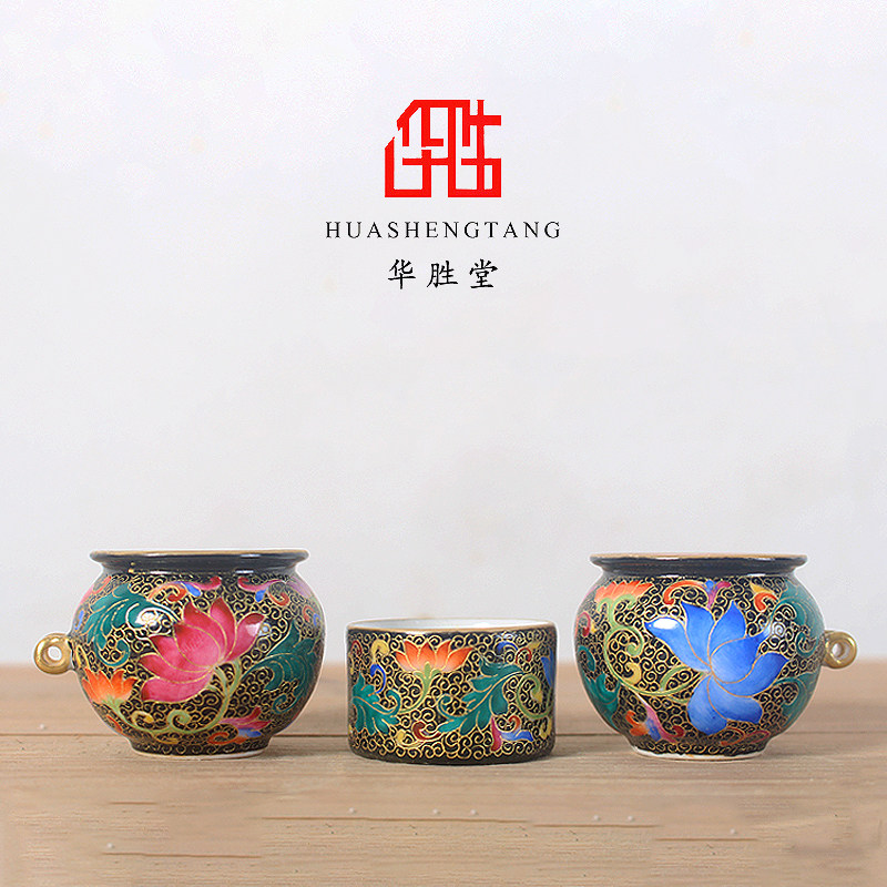 华胜堂 景德镇手绘粉彩黑地万花痰盂点颏罐描金口图鸟食罐