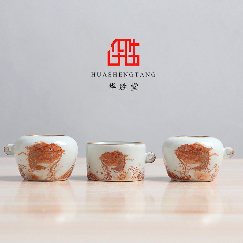 景德镇手绘矾红仿古釉点颏鸟食罐