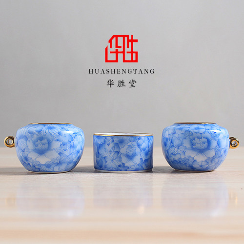 华胜堂 景德镇手绘百灵罐点颏罐宝石蓝万花金口图鸟食罐 鸟笼配件