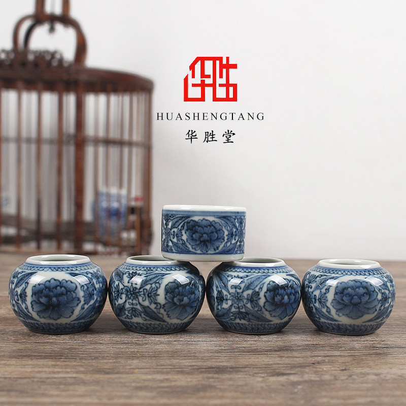 华胜堂 景德镇仿古釉手绘青花图案鸟红子缸水鸟杯鸟食罐 鸟笼配件