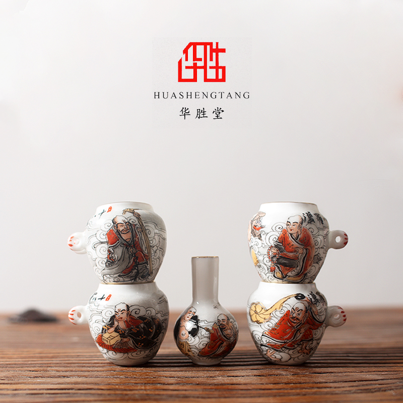 华胜堂景德镇手绘金边粉彩十八罗汉五件套秀眼波笼喂食器鸟笼配件