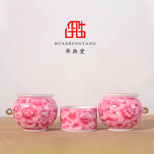 华胜堂 景德镇 手绘金边宝石红万花杯百灵鸟食罐鸟笼配件 喂食器