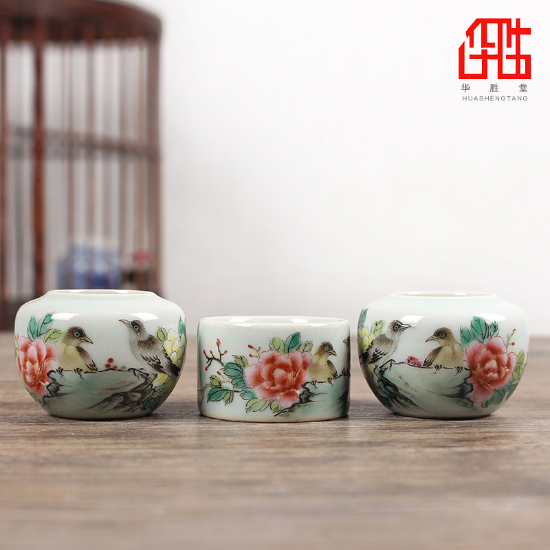 华胜堂 景德镇仿古手绘粉彩花鸟牡丹百灵缸水鸟杯鸟食罐 鸟笼配件