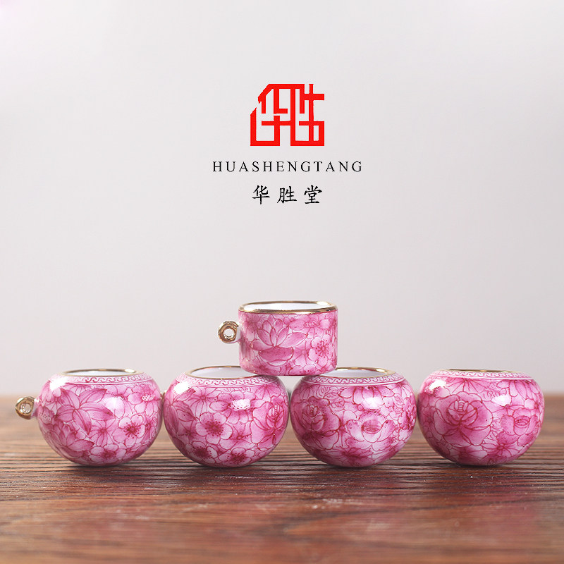 华胜堂景德镇手绘 顶针金边粉彩宝石红万花红子缸喂食器 鸟笼配件