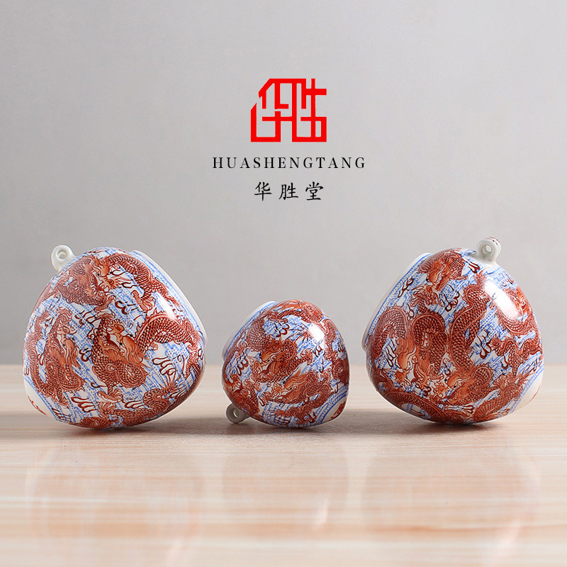 景德镇高档手绘矾红九龙图大号画眉罐鸟食罐鸟配件杯鸟虫华胜堂