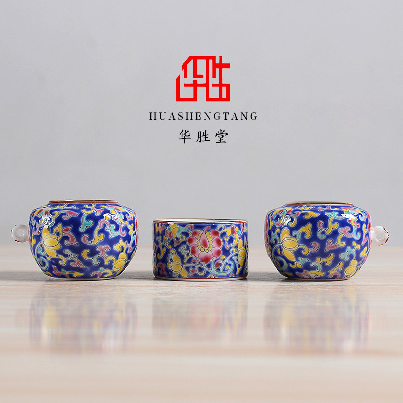 华胜堂 景德镇手绘粉彩蓝地缠枝图案点颏罐水鸟杯鸟食罐 鸟笼配件