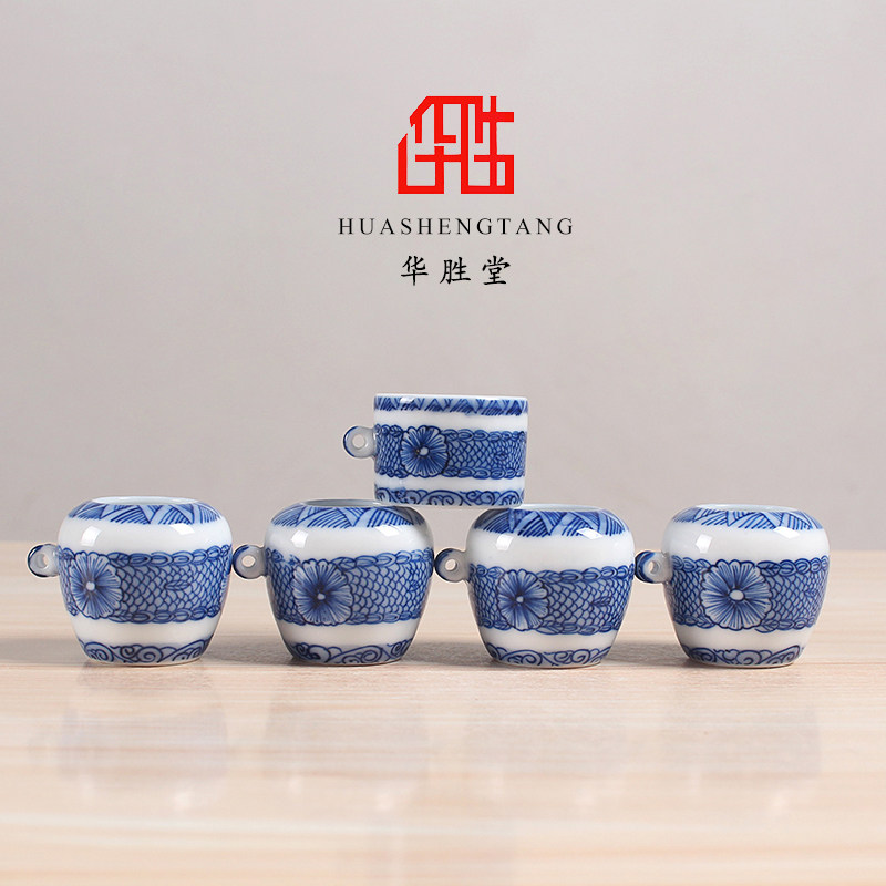 华胜堂 景德镇高白釉手绘青花腰带图红子缸鸟杯鸟食罐 鸟笼配件