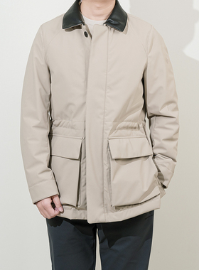 26早春玛汀复古巴恩皮革领密可柔防水面料90鹅绒中长款薄羽绒服男