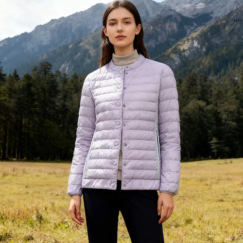 25冬玛汀 保暖轻薄帝人密可柔 90鹅绒合身横条衍缝无领羽绒服女