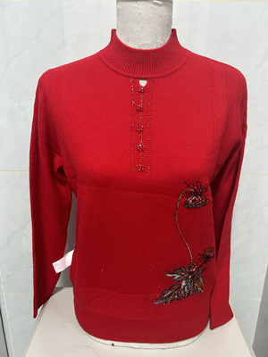 清仓红色半高领订珠订钻刺绣女羊毛衫羊绒衫毛衣打底衫全羊毛衫
