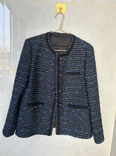 蓝色圆领女式 毛呢羊毛小香风外套上衣