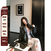 英伦佚事 复古手擦做旧棕色皮衣女春季 宽松西装 MG小象 版 气质外套