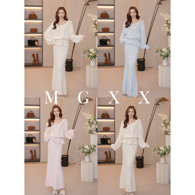 MG小象【星垂梦影】气质针织时尚法式温柔上衣半裙套装M825X16240