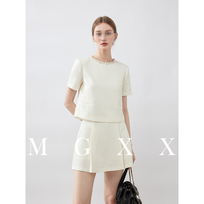 MG小象2025年夏季新品精致肌理小香风显瘦短袖半裙套装M825A07117
