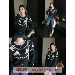 MG小象 冬夜牧场 爱心小马黑白复古针织开衫女秋冬设计感上衣