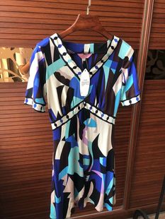 8M码100%桑蚕丝真丝针织 连衣裙蓝色简约几何线条图形短袖弹性V领