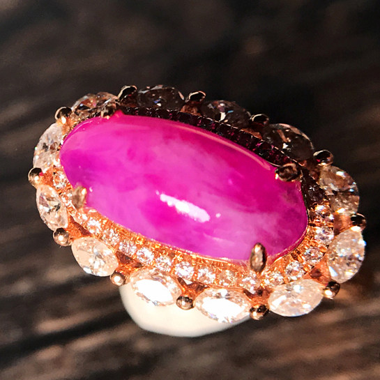 【樱花舒俱来】18k钻石果冻糖果桃红舒俱来戒指天然苏纪石证书