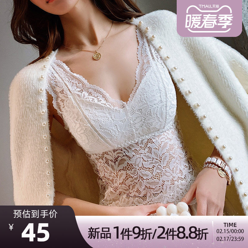 粉红大布娃娃2022新款百搭蕾丝美背乳胶胸垫内搭吊带V领性感打底