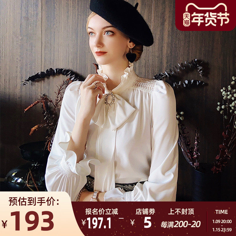 泡泡袖雪纺上衣粉红大布娃娃2021新款长袖设计感白衬衫春衬衣女