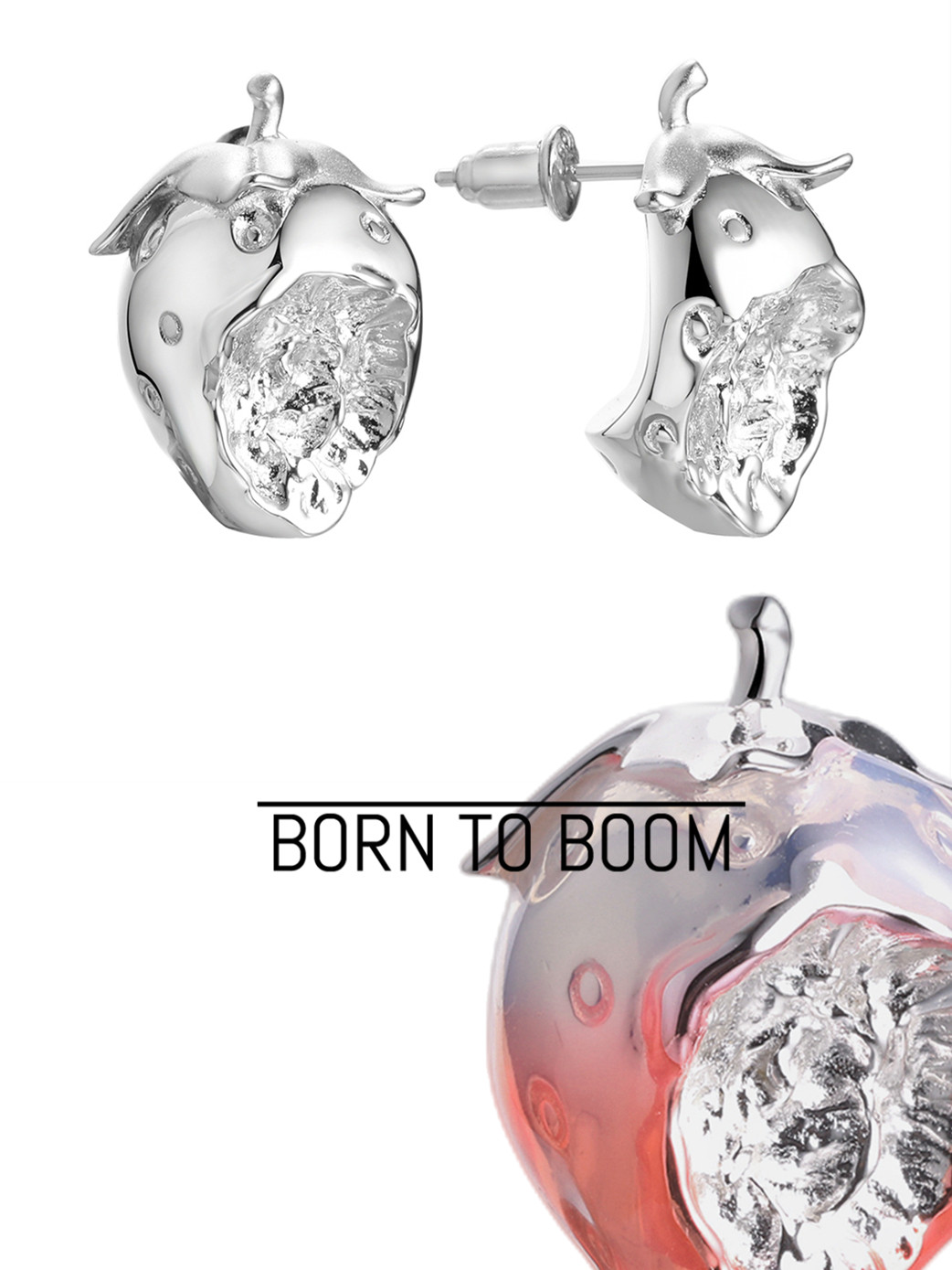 BORN TO BOOM 士多啤梨草莓球形纯银耳钉白金/粉色彩金夏日限定版