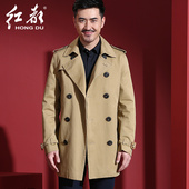 休闲宽松中年人男士 双排扣英伦风时尚 衣服 风衣中长款 红都男装