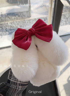 MOMO SUKI 秋冬新款可爱毛绒兔耳朵iPhone17Promax手机壳简约白色獭兔毛苹果16Pro/15甜美14蝴蝶结斜跨珍珠12