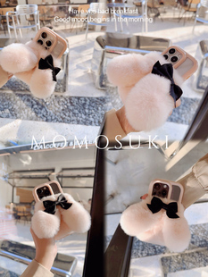 BLACK&PINK 原创芭蕾ins风奶粉mini可爱毛绒兔子适用苹果17Promax手机壳iPhone16PRO獭兔毛茸少女15蝴蝶结14