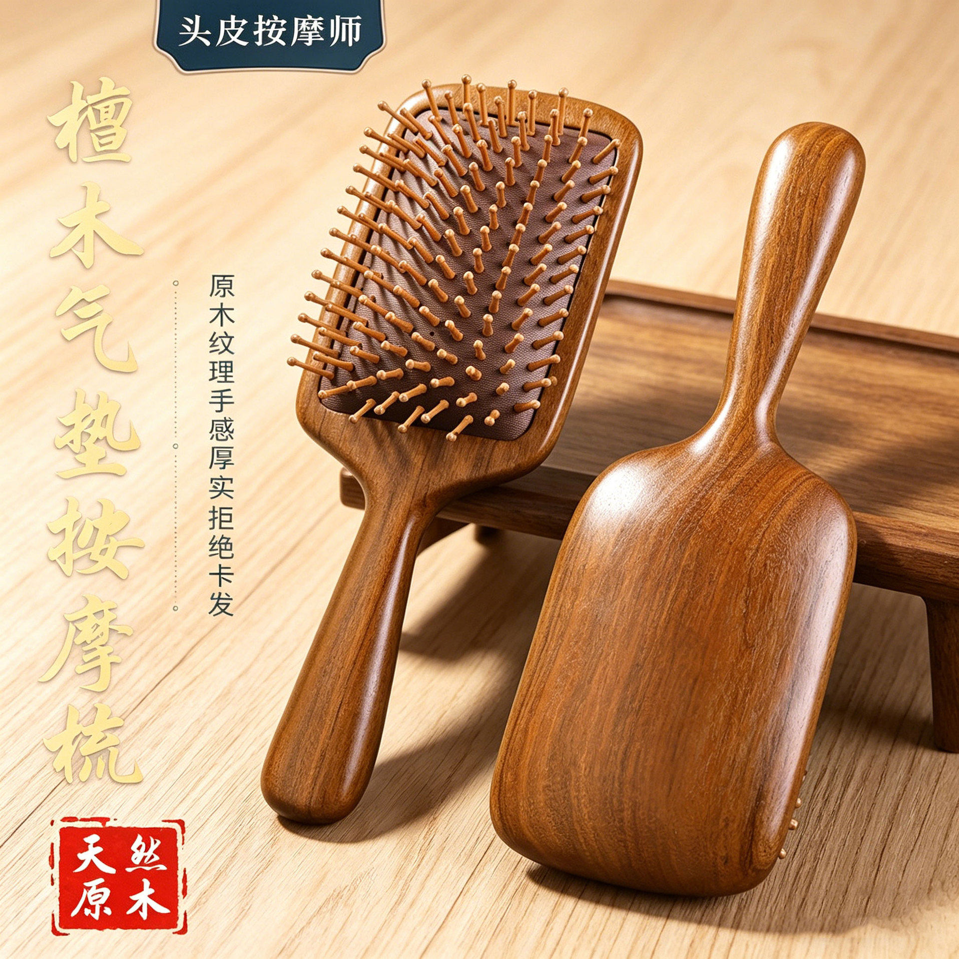 气垫梳子囊按摩头皮部经络梳檀木男女士蓬松颅顶便携小巧气囊木梳