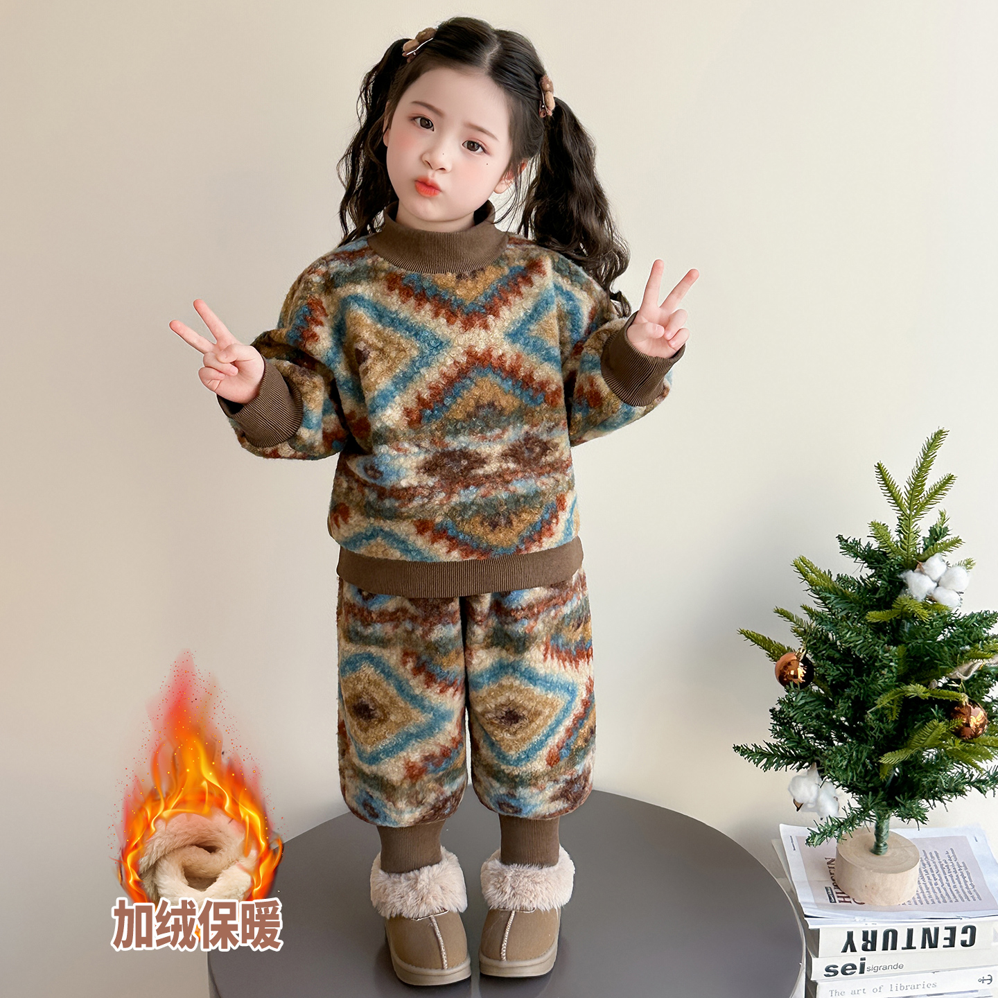 女童双层加绒睡衣冬季保暖套装