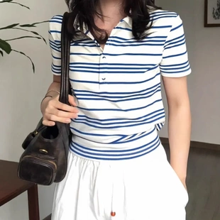 温柔舒适高知感条纹polo衫 复古针织上衣 t恤女夏正肩短袖 显瘦美式