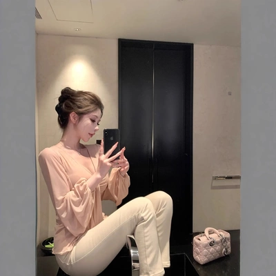 kubiliv雾色撩人温柔纯欲氛围感修身褶皱v领弹力长袖T恤上衣