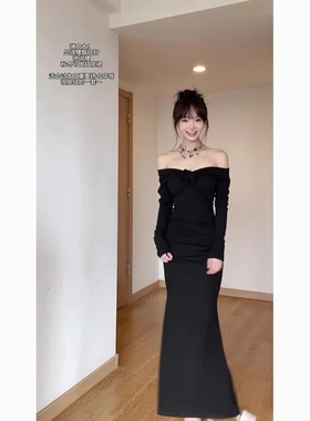 法式赫本黑色一字肩连衣裙女秋冬新款玫瑰花收腰生日小礼服长裙