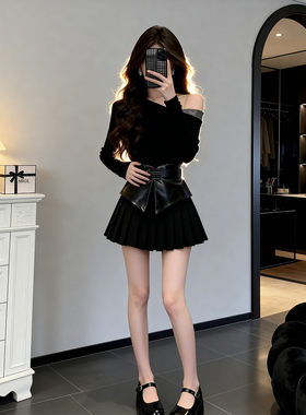 法式赫本风穿搭秋冬季新款黑色斜肩露肩长袖收腰短裙送腰封连衣裙