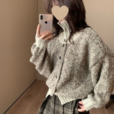 【Hers】一勺甜 撞色高领纽扣毛衣女2025冬季休闲针织衫外套92665