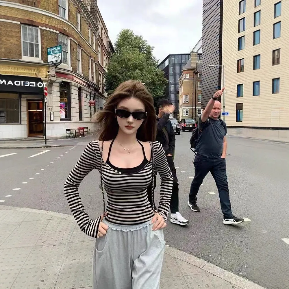 JMSHOP 霍格辣妹 假两件蕾丝拼接t恤女秋条纹V领上衣内搭挂脖背心