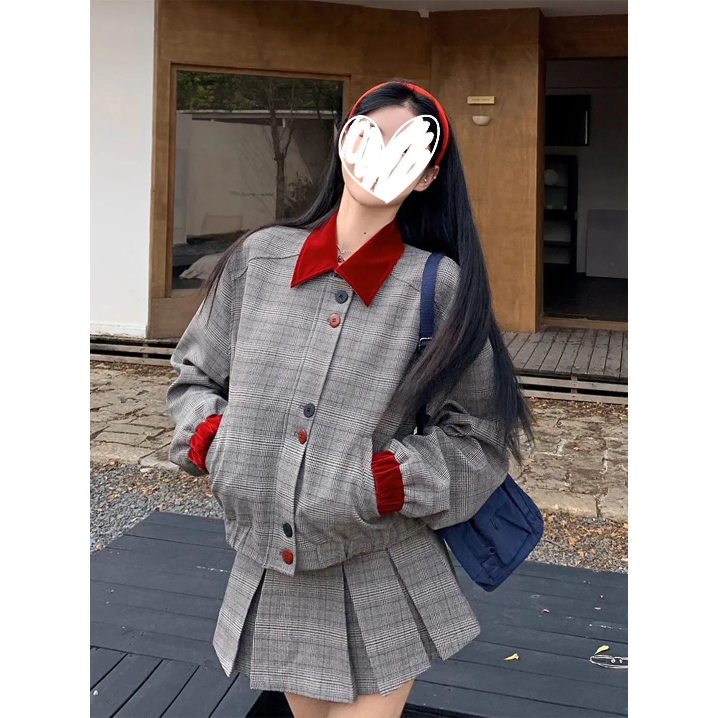 美式小众复古学院风宽松格纹短款长袖外套女2025新款短裙两件套装
